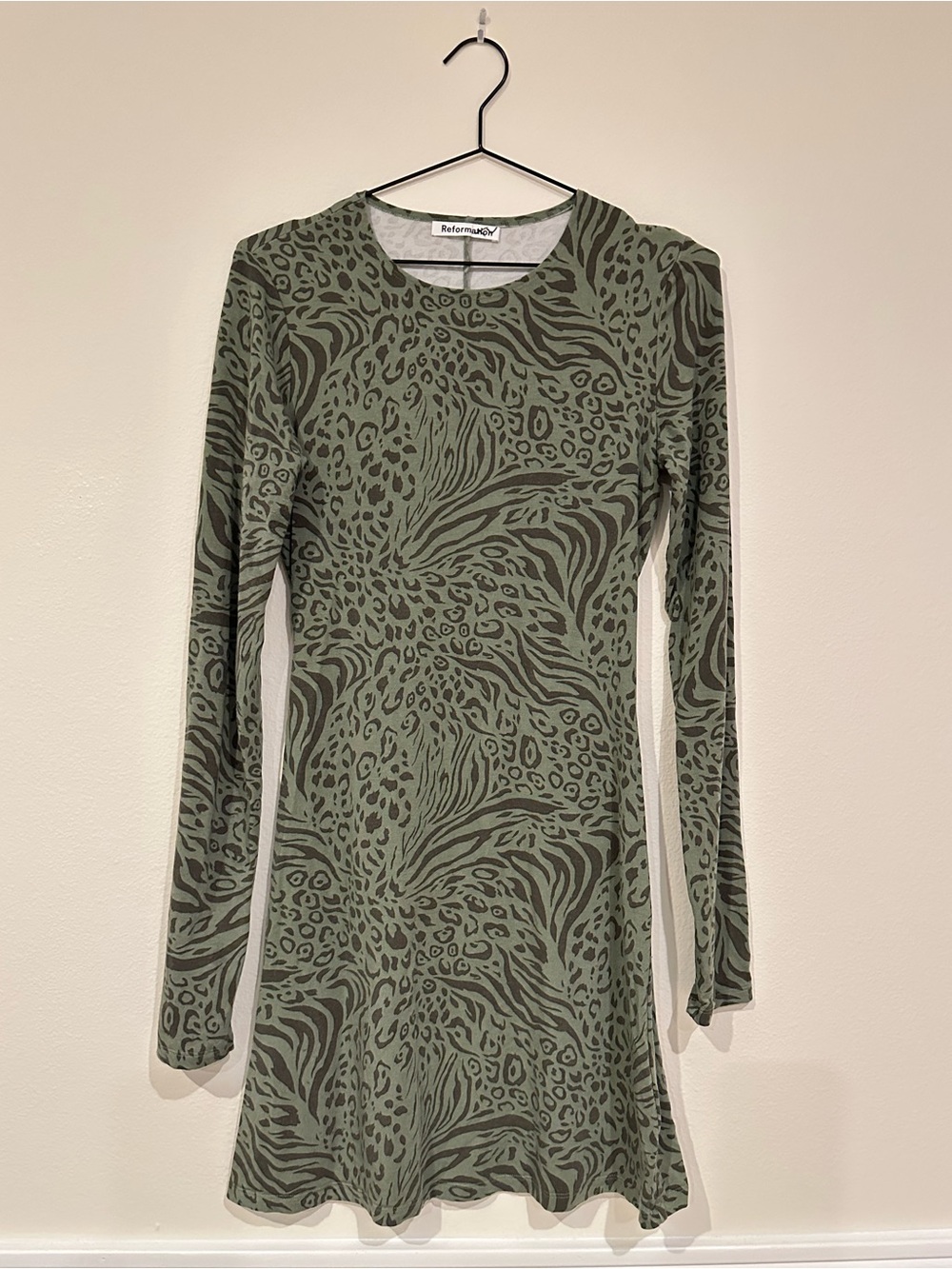 Reformation Kenmare Olive Green Animal-Print Long Sleeve Mini Dress - Picture 2 of 9
